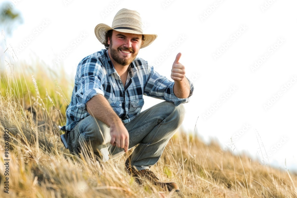 A man in a hat sits in a field, giving a thumbs up A man in a hat sits in a field, giving a thumbs up