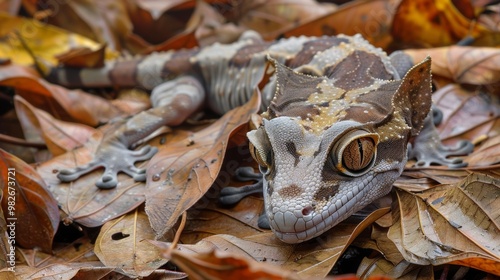 Camouflaged Gecko Blending into Autumn Foliage on Forest Floor photo