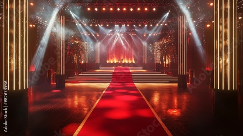 Glitz and Glamour: Stunning 3D-Rendered Red Carpet Event with Opulent Stage and Elegant Lighting Effects