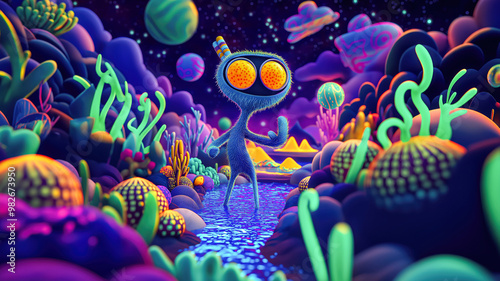 Colorful Alien Creatures in Vibrant Sci-Fi Landscape vibrant neon background (Aa114)