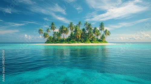 A perfectly round island covered with tropical palm trees, nestled in a vast turquoise sea, the horizon blending into the deep blue sky