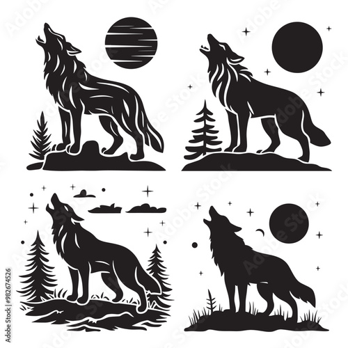 Black and white vector silhouettes set of wolf