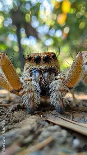 In this stunning close-up image, a spider is captured in remarkable detail against a blurred natural background, showcasing its intricate features and vibrant colors