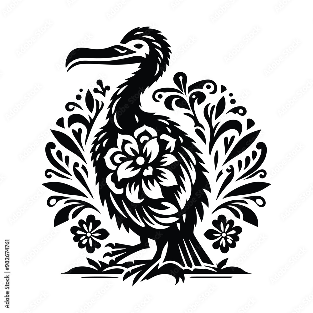 Fototapeta premium Dodo with folk art decoration in black and white illustrations, cutout graphic