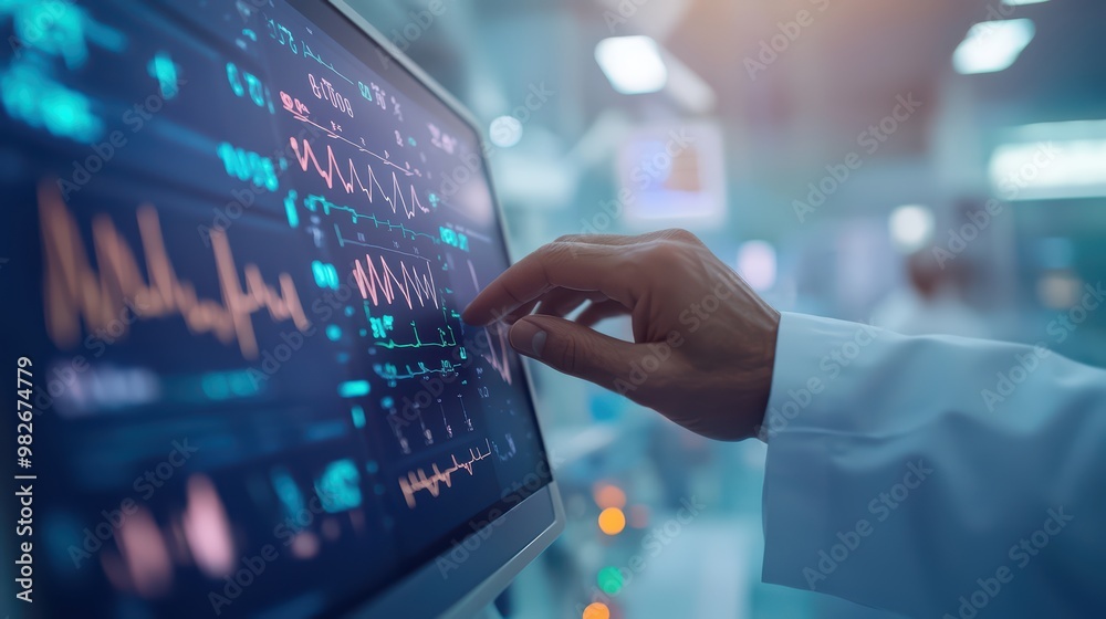 A doctor analyzing vital signs on a monitor in a modern healthcare environment, showcasing advanced medical technology. A doctor analyzing vital signs on a monitor in a modern healthcare environment, showcasing advanced medical technology.