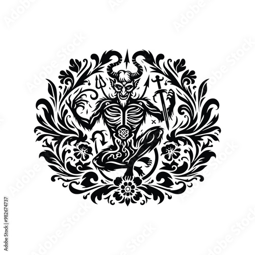 Devil with folk art decoration in black and white illustrations, cutout graphic