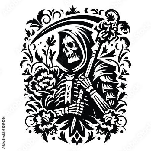 Wallpaper Mural death knight with folk art decoration in black and white illustrations, cutout graphic Torontodigital.ca