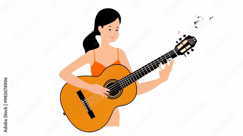 woman playing a classical guitar, depicted in a minimalistic style. The woman is focused on her performance, with musical notes floating around woman playing a classical guitar, depicted in a minimalistic style. The woman is focused on her performance, with musical notes floating around