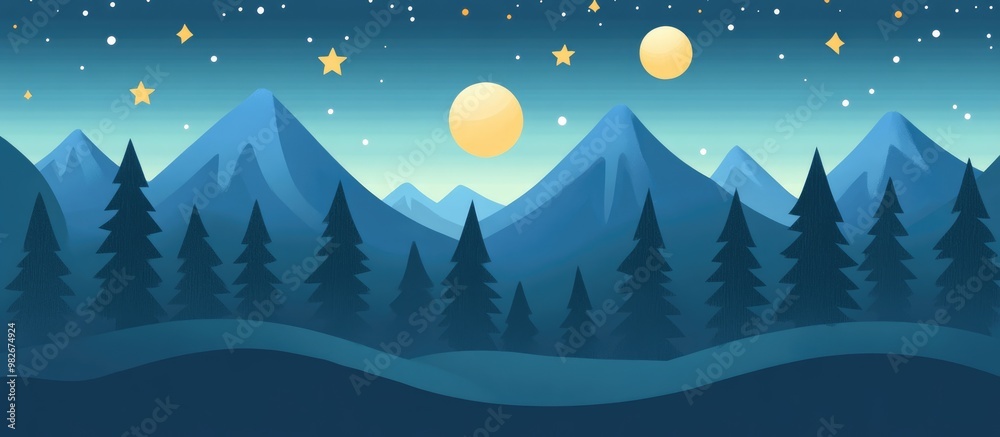 Fototapeta premium Illustration of a flat landscape featuring trees mountains a moon and stars