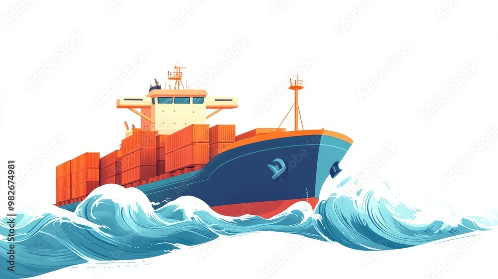 Container ship illustration navigating ocean waves in a flat style Represents marine business cargo transport and global delivery with a clean white background Container ship illustration navigating ocean waves in a flat style Represents marine business cargo transport and global delivery with a clean white background
