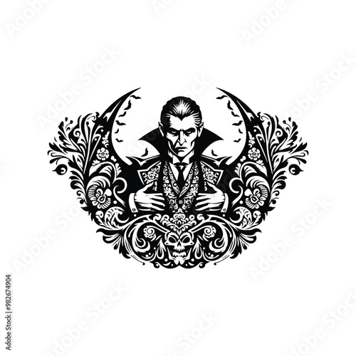 dracula with folk art decoration in black and white illustrations, cutout graphic