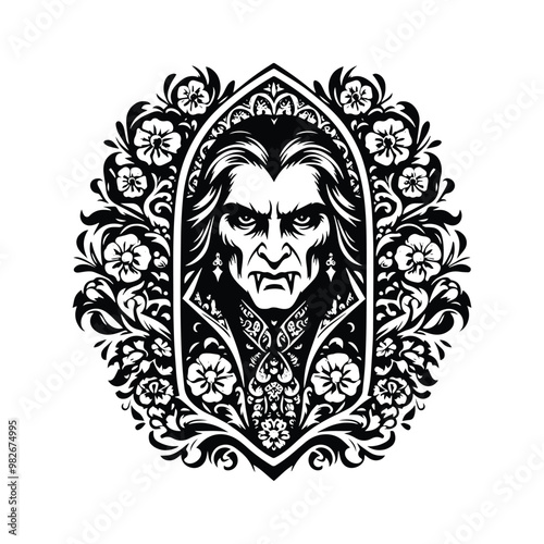 dracula with folk art decoration in black and white illustrations, cutout graphic