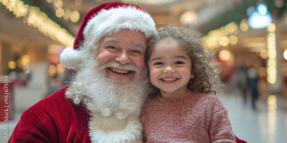 Child Sitting on Santa's Lap in Festive Christmas Mall Setting Child Sitting on Santa's Lap in Festive Christmas Mall Setting