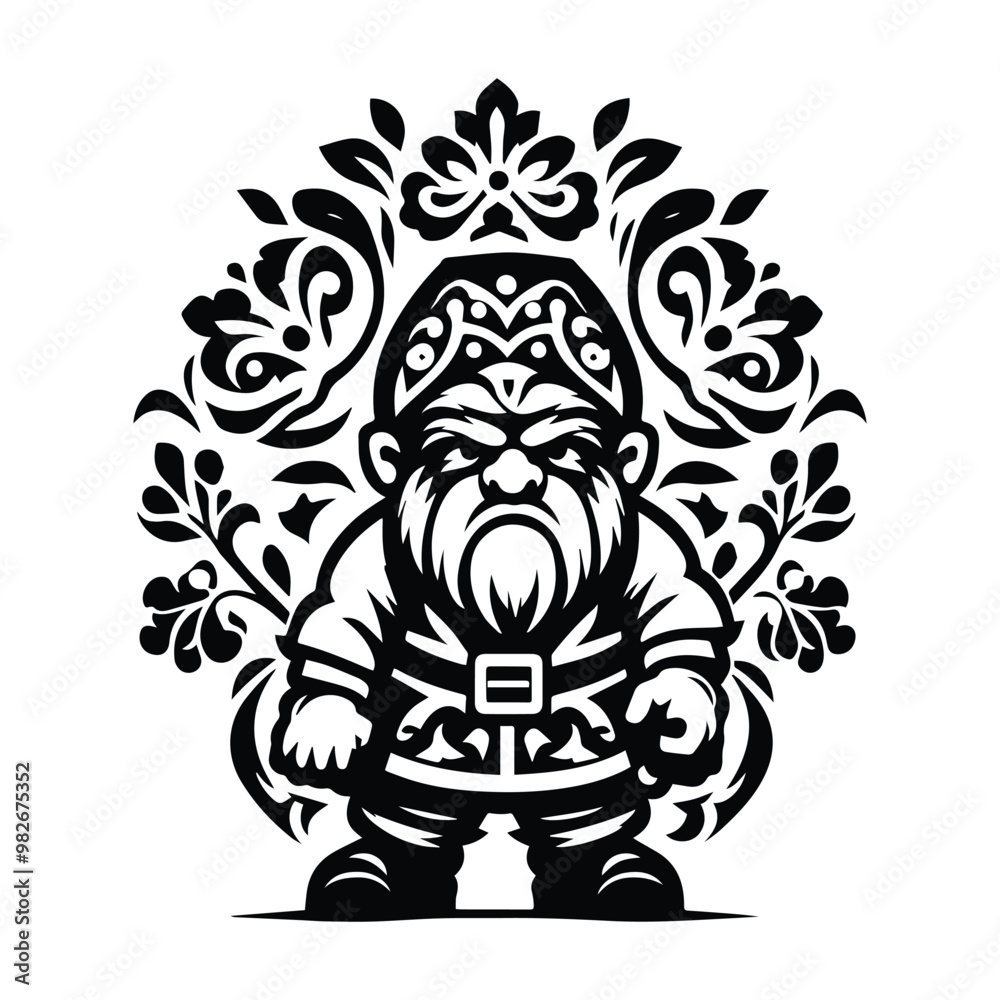 Dwarf with folk art decoration in black and white illustrations, cutout graphic Dwarf with folk art decoration in black and white illustrations, cutout graphic