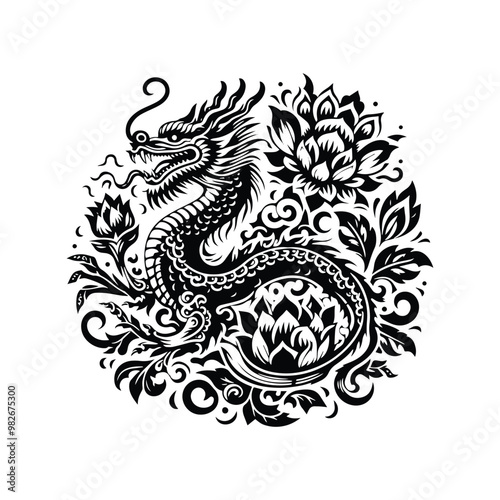 dragon with folk art decoration in black and white illustrations, cutout graphic