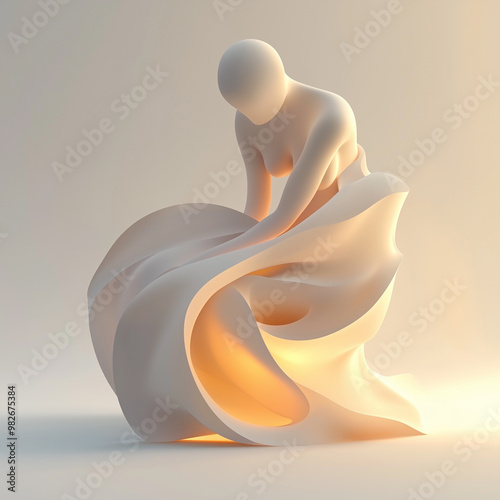 Person sitting in the center of abstract shape, white background, warm light, 3D style, soft and dreamy image, elegant figure, abstract sculpture design, soft light effect.Generative AI