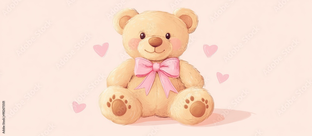 Adorable coquette teddy bear featuring a pink ribbon bow in a hand drawn flat design style Adorable coquette teddy bear featuring a pink ribbon bow in a hand drawn flat design style