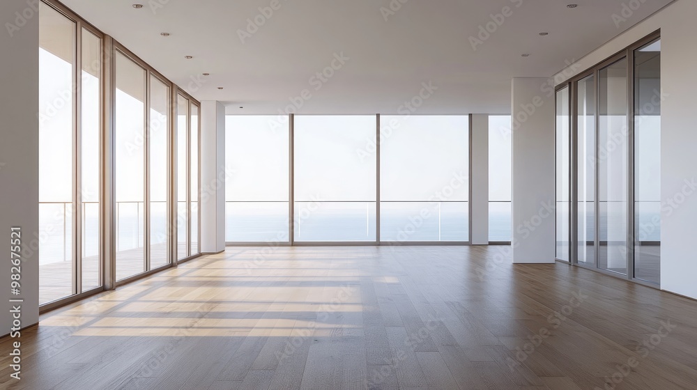 Fototapeta premium Minimalist interior of an empty room featuring large panoramic windows a balcony with a sea view wooden parquet flooring and contemporary architectural design rendered in 3D
