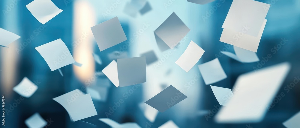 Obraz premium Abstract view of falling papers against a blurred city background, symbolizing creativity, ideas, and modern technology.