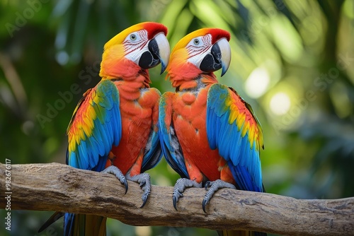 Macaws (Ara ararauna), pair, native to South America, captive, Wachenheim, Germany, Europe, ai