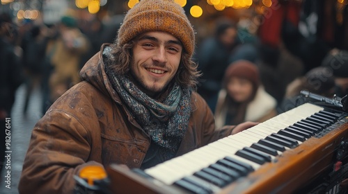 Smiling Street Musician Playing Keyboard photo