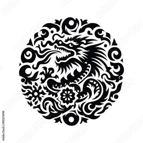 fire dragon with folk art decoration in black and white illustrations, cutout graphic