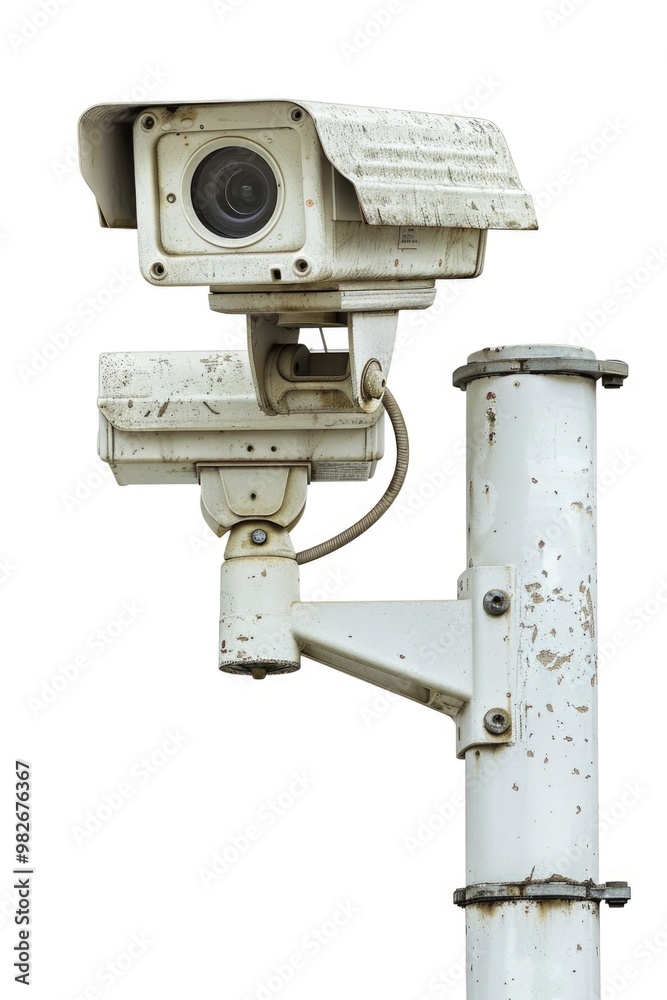 A camera mounted on a pole with a white background, suitable for capturing overhead shots or displaying in a studio setting A camera mounted on a pole with a white background, suitable for capturing overhead shots or displaying in a studio setting