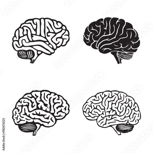 Black and white vector silhouettes set of human brain