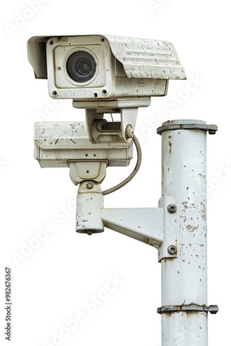 A camera mounted on a pole with a white background, suitable for capturing overhead shots or displaying in a studio setting