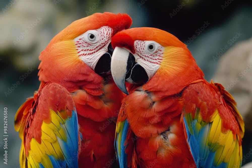 Fototapeta premium Macaws (Ara ararauna), pair, native to South America, captive, Wachenheim, Germany, Europe, ai