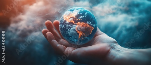 A hand holds a glowing Earth amidst swirling clouds, symbolizing global awareness and the fragility of our planet. photo