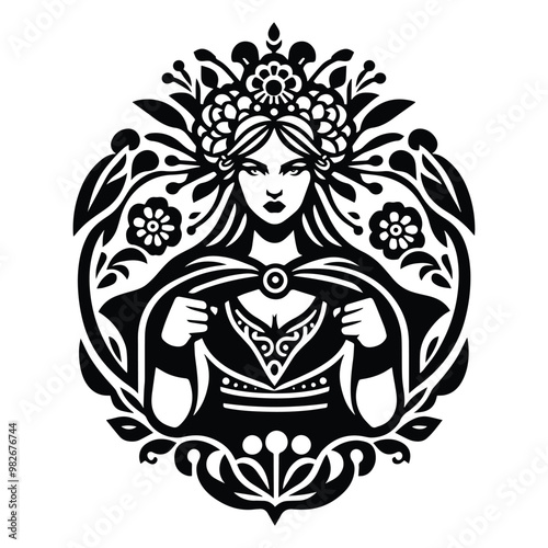 Freya goddess with folk art decoration in black and white illustrations, cutout graphic