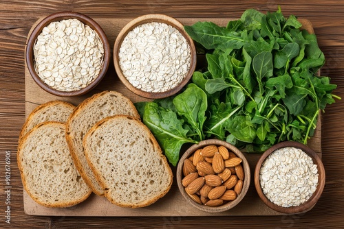 A healthy assortment of whole foods including oats, bread, almonds, and greens arranged beautifully on a wooden surface.