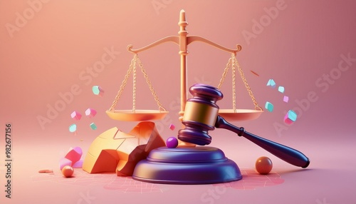 A colorful depiction of a gavel and scales of justice symbolizing law and order in a minimalist design. photo