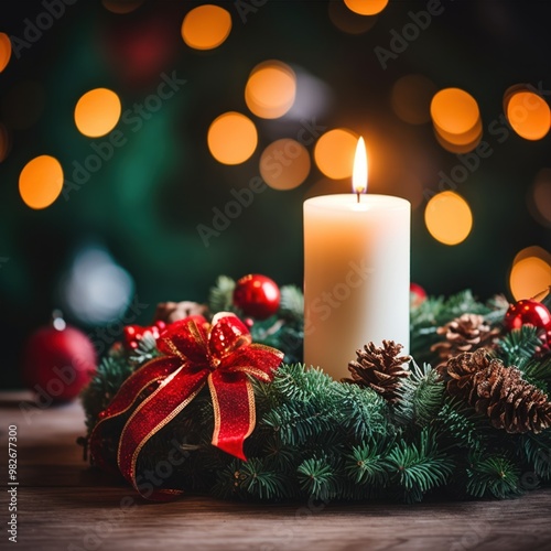 Burning candle and Christmas decoration over snow and wooden background, elegant low-key shot with festive mood photo