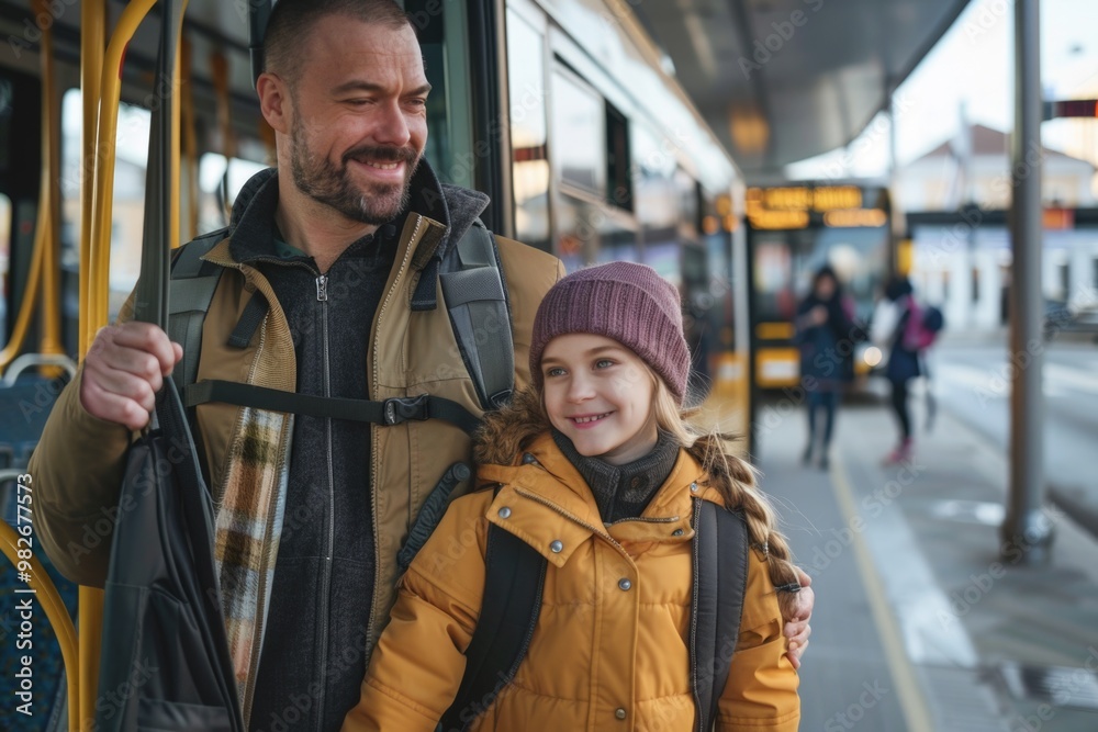 A man and a little girl sitting together on a public bus A man and a little girl sitting together on a public bus