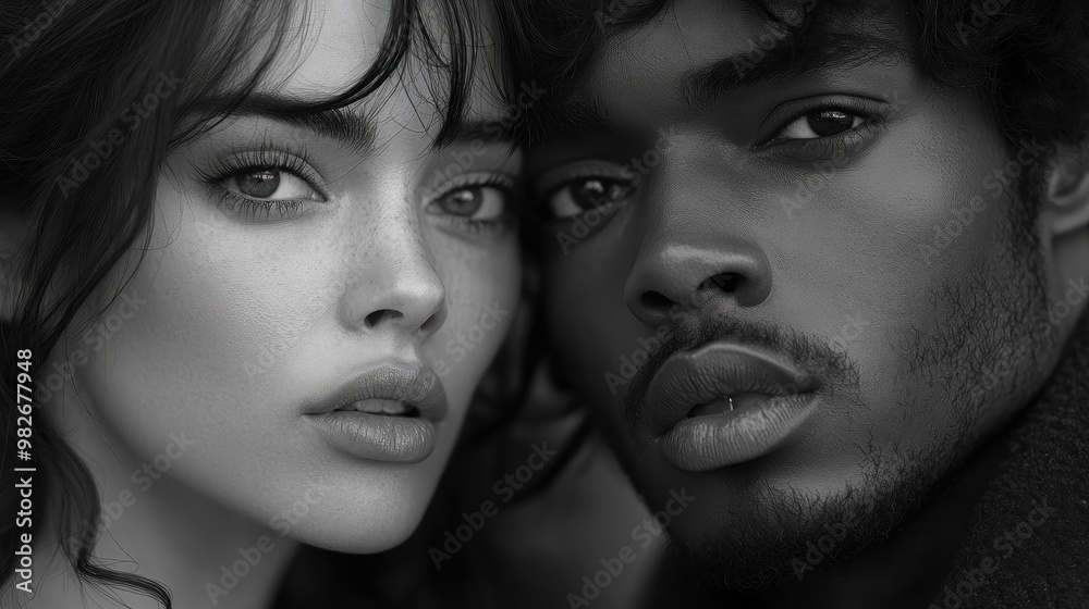 A close-up monochrome portrait of two individuals sharing an intimate moment. A close-up monochrome portrait of two individuals sharing an intimate moment.