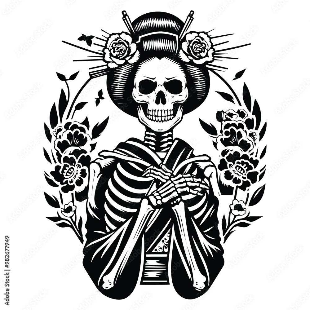 Fototapeta premium geisha skeleton with folk art decoration in black and white illustrations, cutout graphic