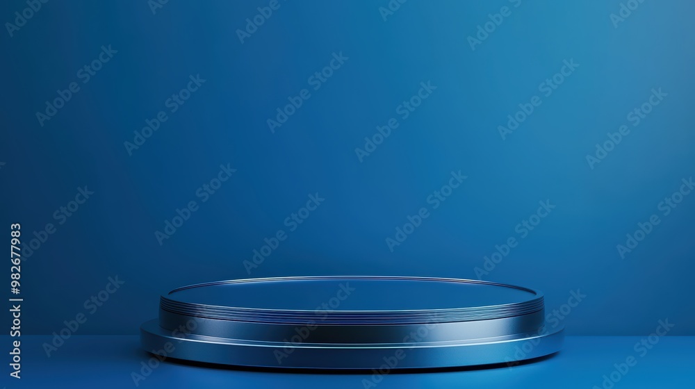 A modern, circular pedestal on a blue background, perfect for displaying products or artworks. Ideal for showcasing creativity. A modern, circular pedestal on a blue background, perfect for displaying products or artworks. Ideal for showcasing creativity.