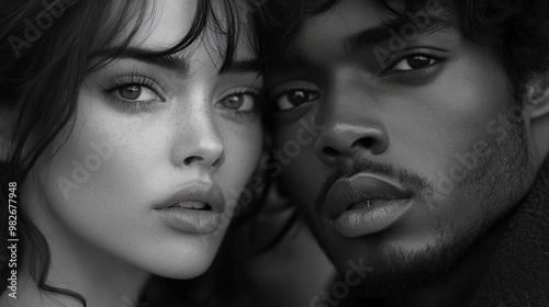 A close-up monochrome portrait of two individuals sharing an intimate moment.