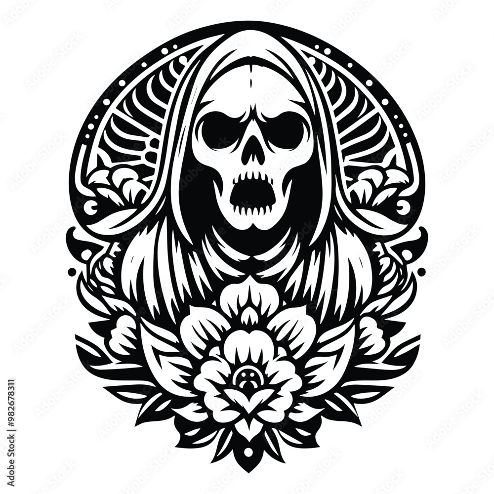 Fototapeta premium ghost with folk art decoration in black and white illustrations, cutout graphic