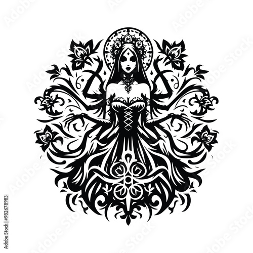 gothic lady horror inside folk art decoration in black and white illustrations, cutout graphic