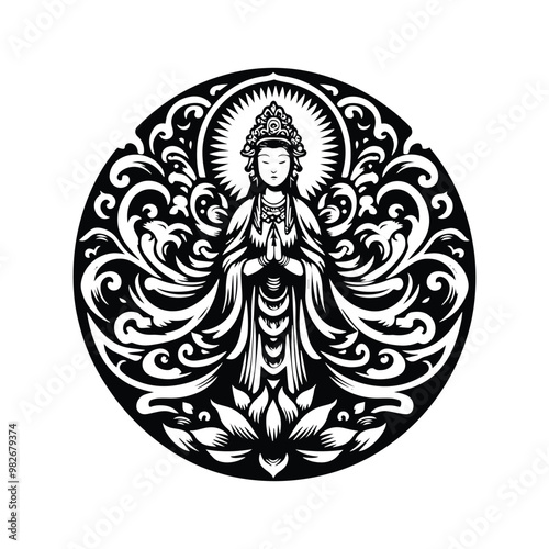 Guan Yin goddess with folk art decoration in black and white illustrations, cutout graphic