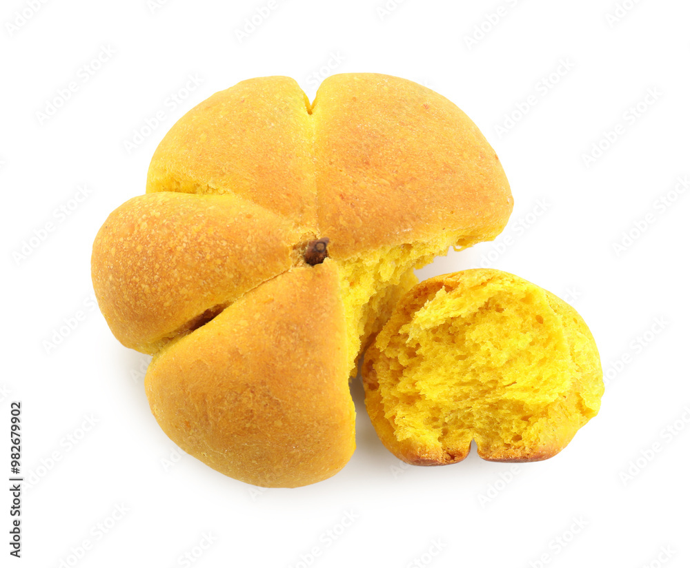 One tasty pumpkin shaped bun isolated on white, top view One tasty pumpkin shaped bun isolated on white, top view