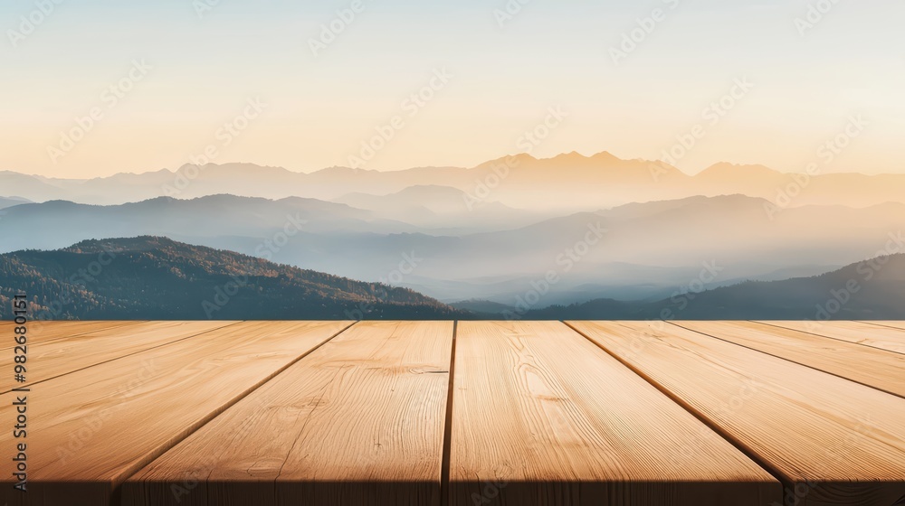 A serene landscape featuring rolling mountains at sunset, with a beautiful wooden table in the foreground, perfect for presentations. A serene landscape featuring rolling mountains at sunset, with a beautiful wooden table in the foreground, perfect for presentations.