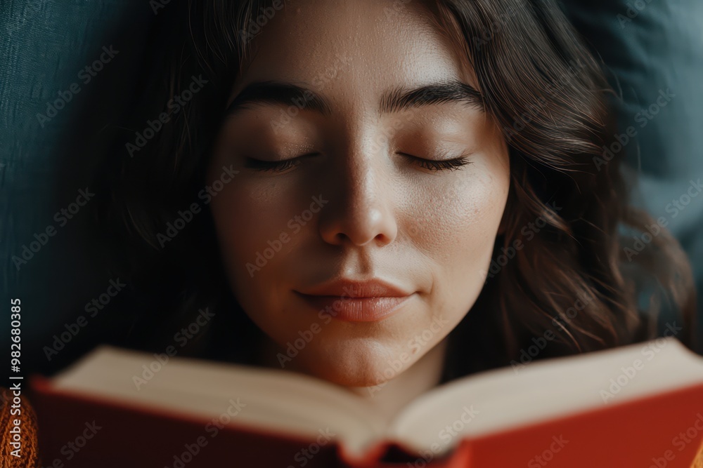 A serene woman enjoying a moment of peace while reading a book, with closed eyes and a relaxed expression on a cozy couch.