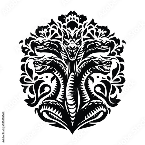hydra dragon with folk art decoration in black and white illustrations, cutout graphic a