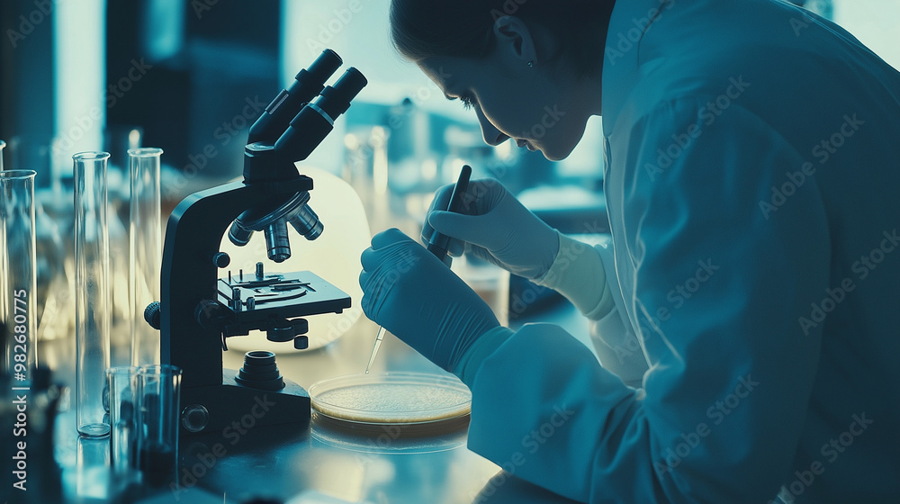 Scientist in lab coat examining bacteria samples in petri dish under microscope, symbolizing disease research in scientific laboratory. Scientist in lab coat examining bacteria samples in petri dish under microscope, symbolizing disease research in scientific laboratory.