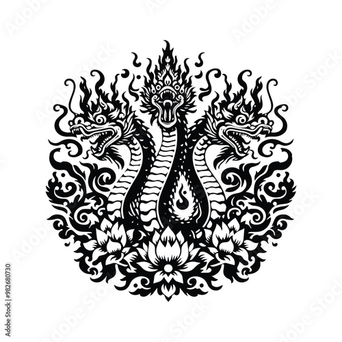 hydra dragon with folk art decoration in black and white illustrations, cutout graphic