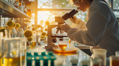 Scientist in lab coat examining bacteria samples in petri dish under microscope, symbolizing disease research in scientific laboratory.
